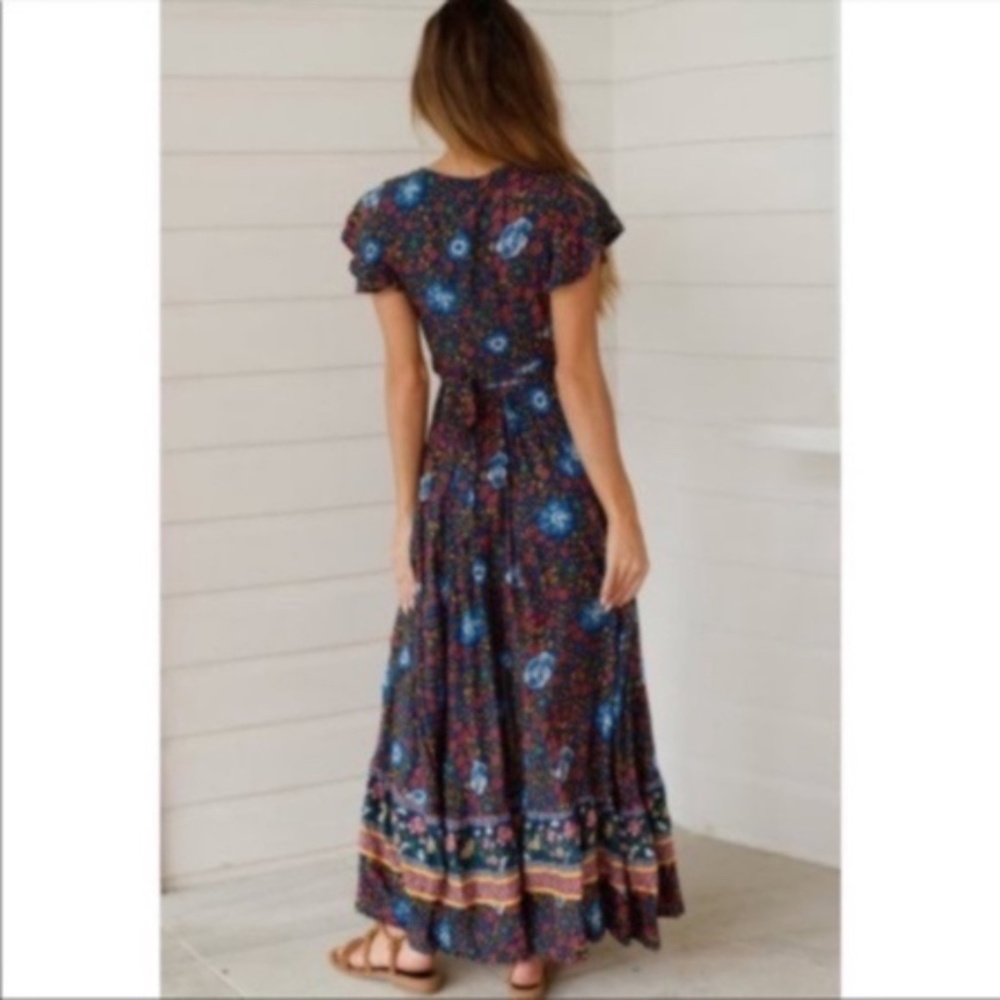 Bohemian Floral Tribal Print Maxi Long Wrap Dress - Picture 2 of 8